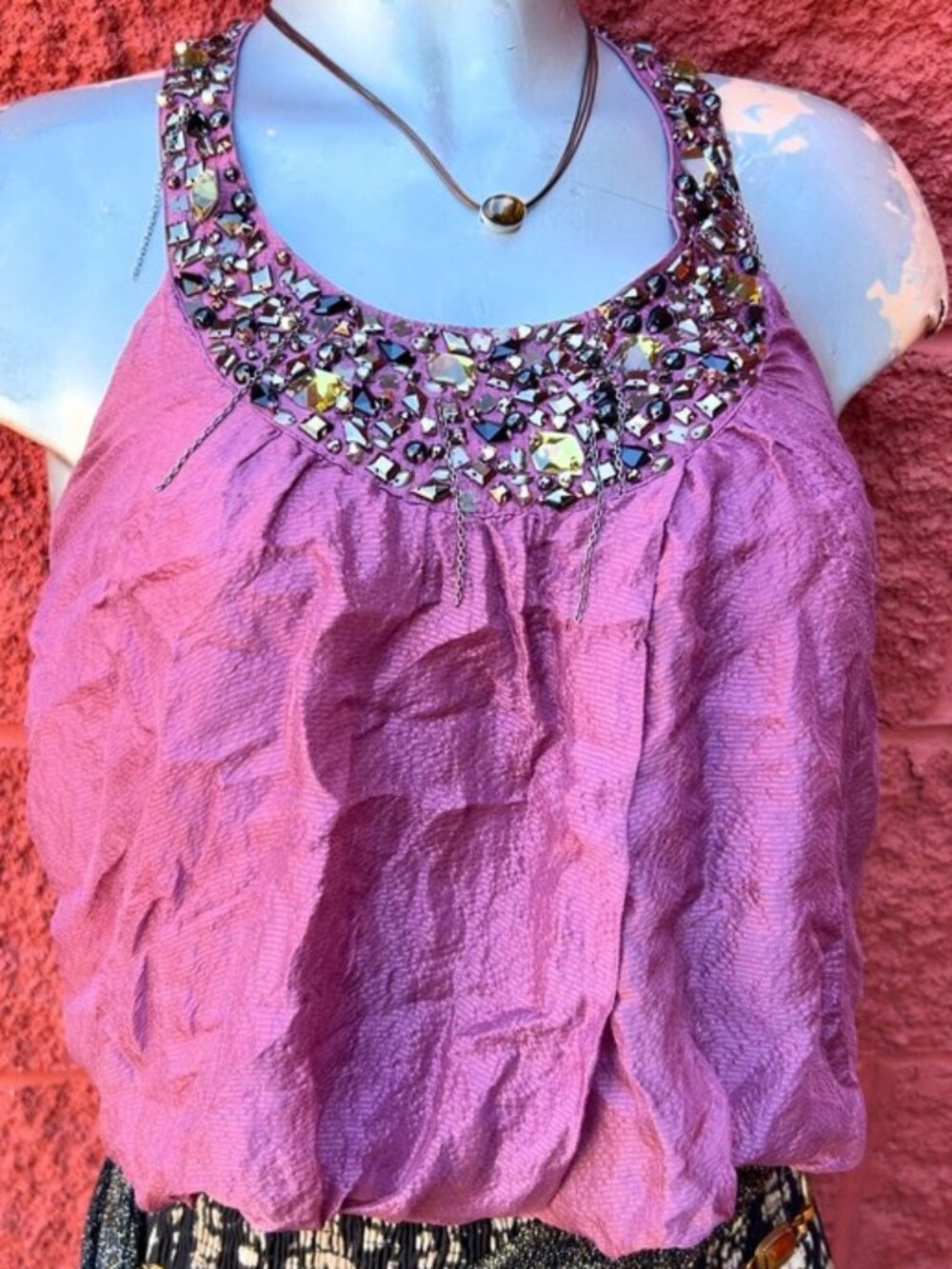 Bebe Purple Red Embellished Beaded Silk Racerback Tank Top Blouse Shirt